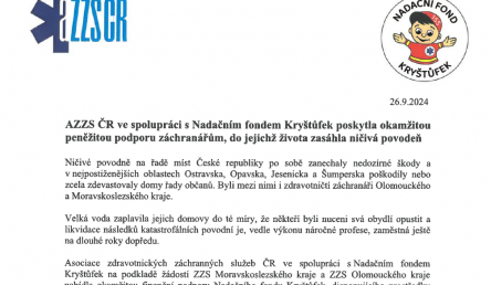 AZZS ČR ve spolupráci s Nadačním fondem Kryštůfek poskytla okamžitou peněžitou podporu záchranářům, do jejichž života zasáhla ničivá povodeň